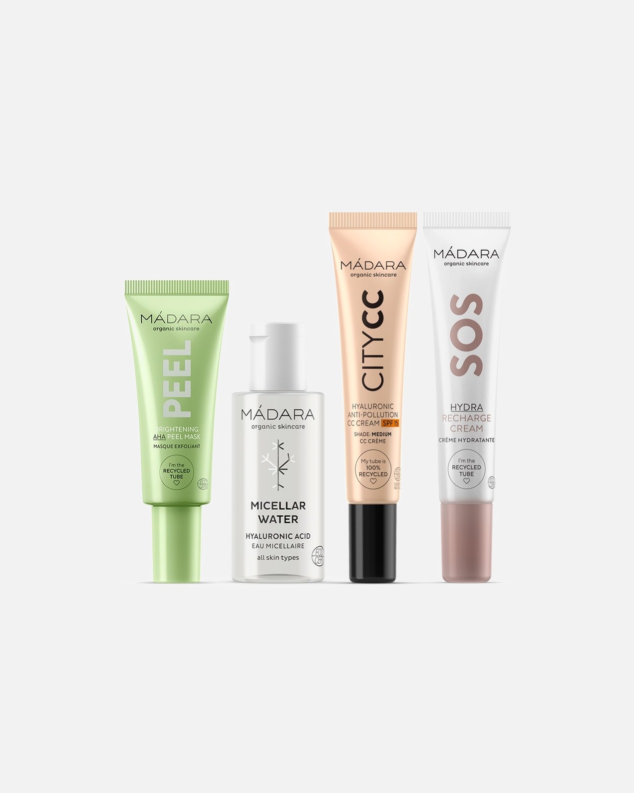 Gesichtsreinigungsset für Weiblich MÁDARA Light Geschenkset Mizellenwasser 50 ml + Aufhellende AHA Peeling Maske 17 ml + SOS Hydra Recharge Gesichtscreme 20 ml + City CC Hyaluronic Anti-Pollution CC Creme LSF 15 15 ml
