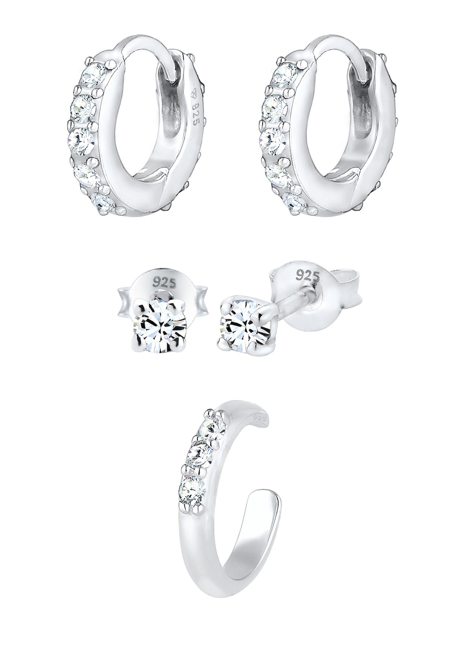 Elli Creolen Stecker Earcuff 3er Set mit n 925 Silber, Kristallen von Swarovski silberfarben Damen