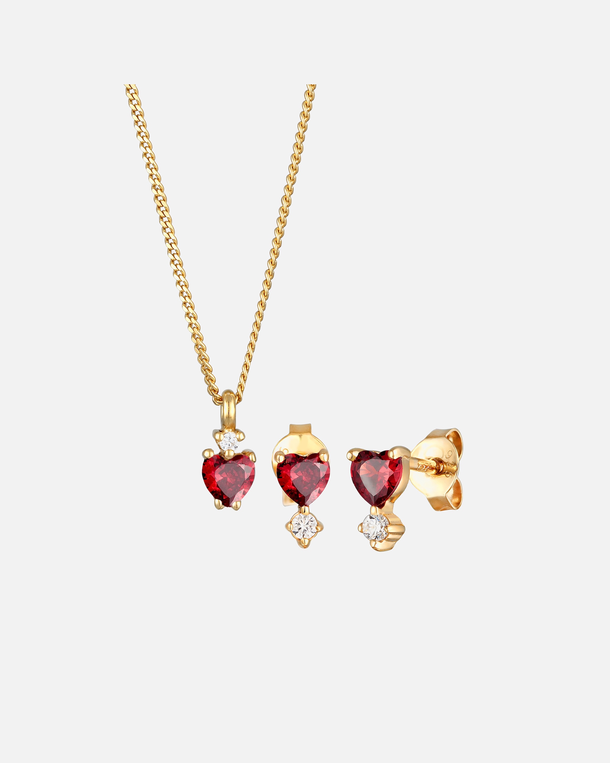 Schmuck für Weiblich Elli Set Kette Ohrstecker Herz Zirkonia 925 Sterling Silber vergoldet Rot