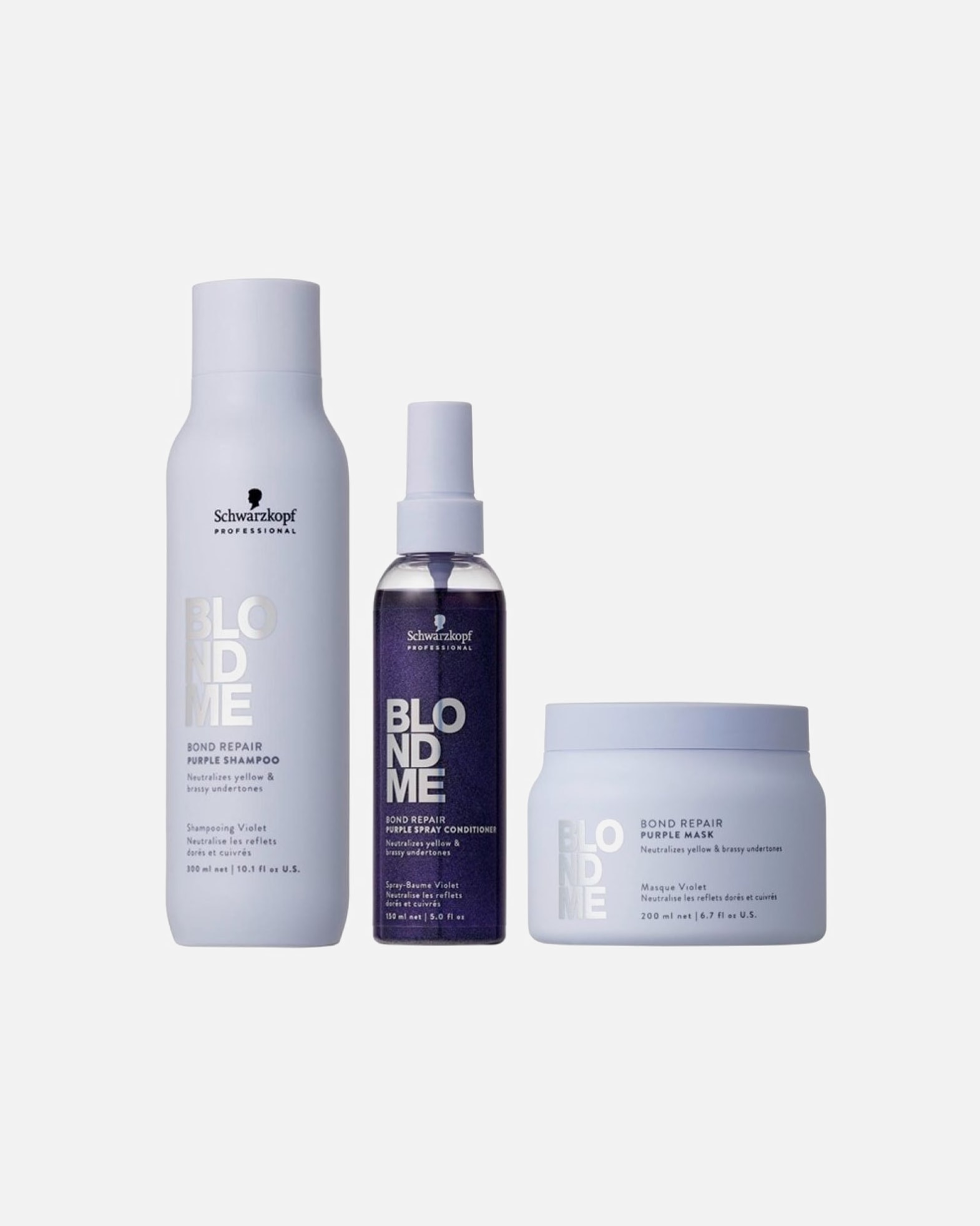 Haarpflegeset für Weiblich Schwarzkopf Professional Blondme Bond Repair Purple Bundle Maske (Shampoo + Spray Conditioner + Maske) 1 Stück