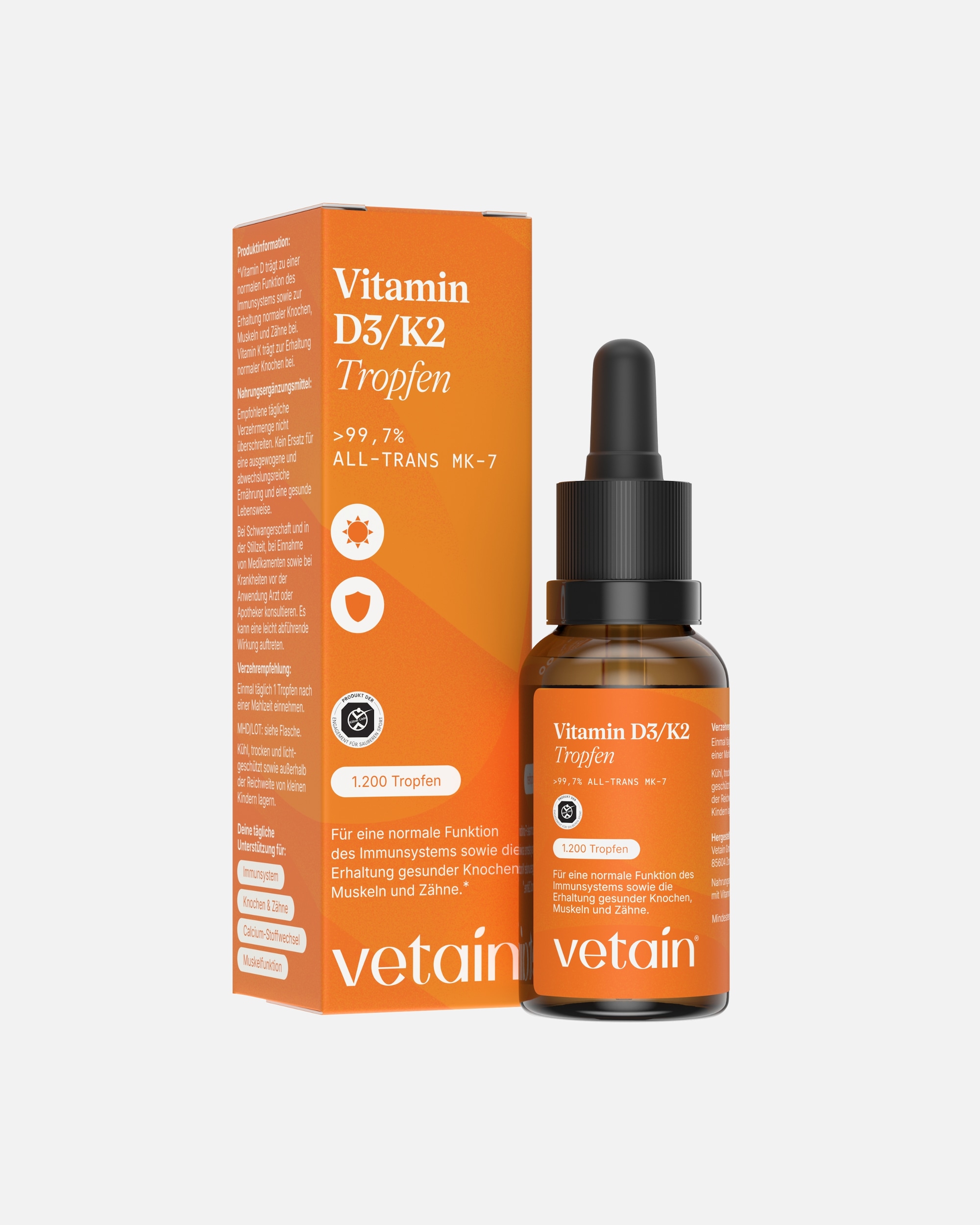 Nahrungsergänzungsmittel für Unisex Vetain Default Brand Line Vitamin D3 K2 Tropfen - Premium K2VITAL® 99,7% All-Trans - in MCT Öl 1200 Tropfen