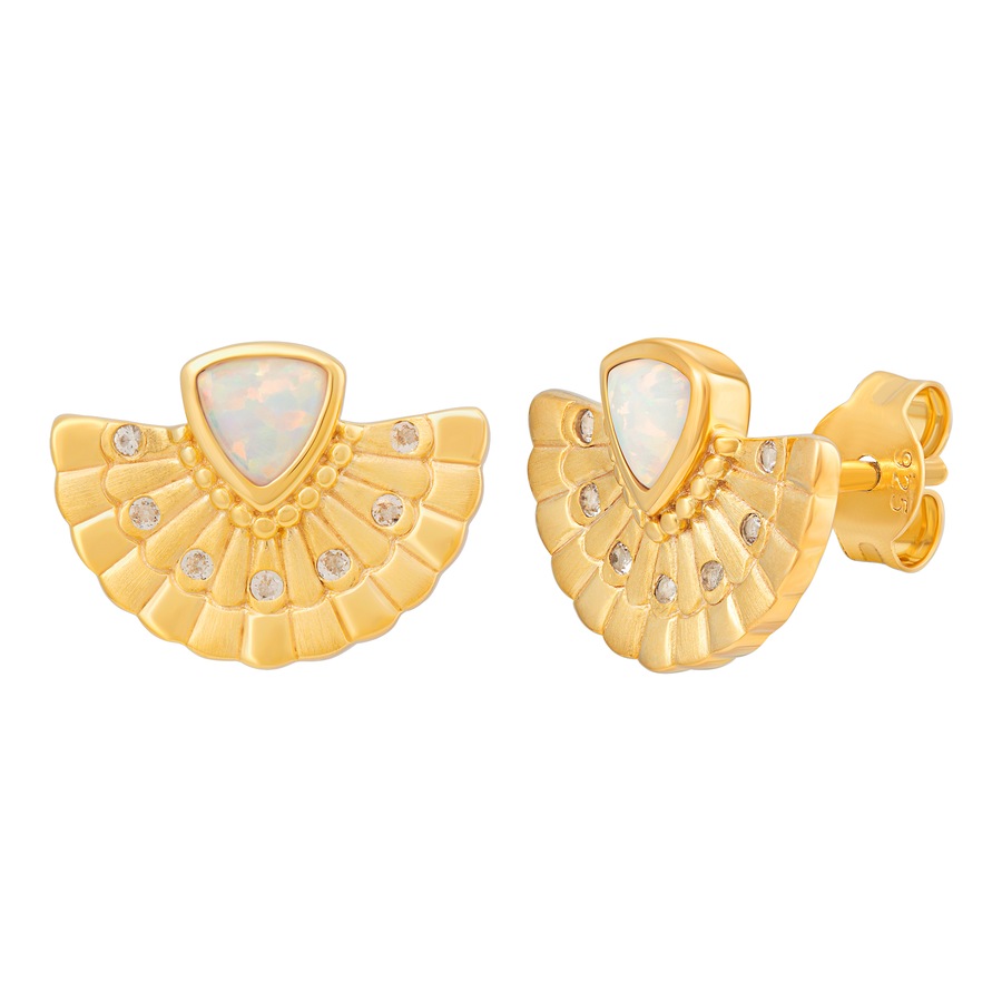 caï Ohrstecker 925 Silber vergoldet Boho Fächer mit synth. Opal & Weißtopas 925/- Sterling weiß gelb Damen