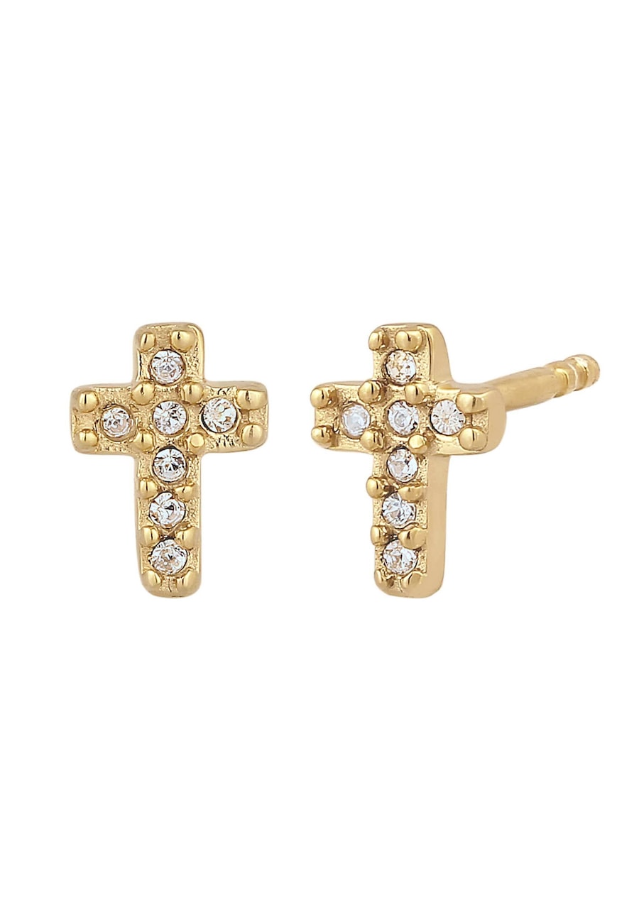 Elli Ohrstecker Kreuz mit Kristallen von Swarovski Weiß 925 Sterling Silber goldfarben Damen