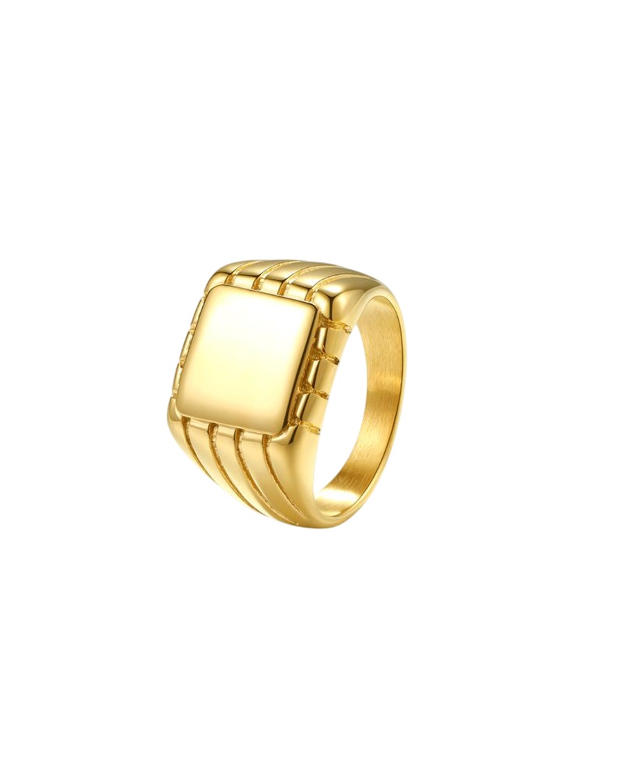 Hey Happiness Siegelring aus Edelstahl mit 18K Vergoldung – Quadratisch 65 Silber Herren