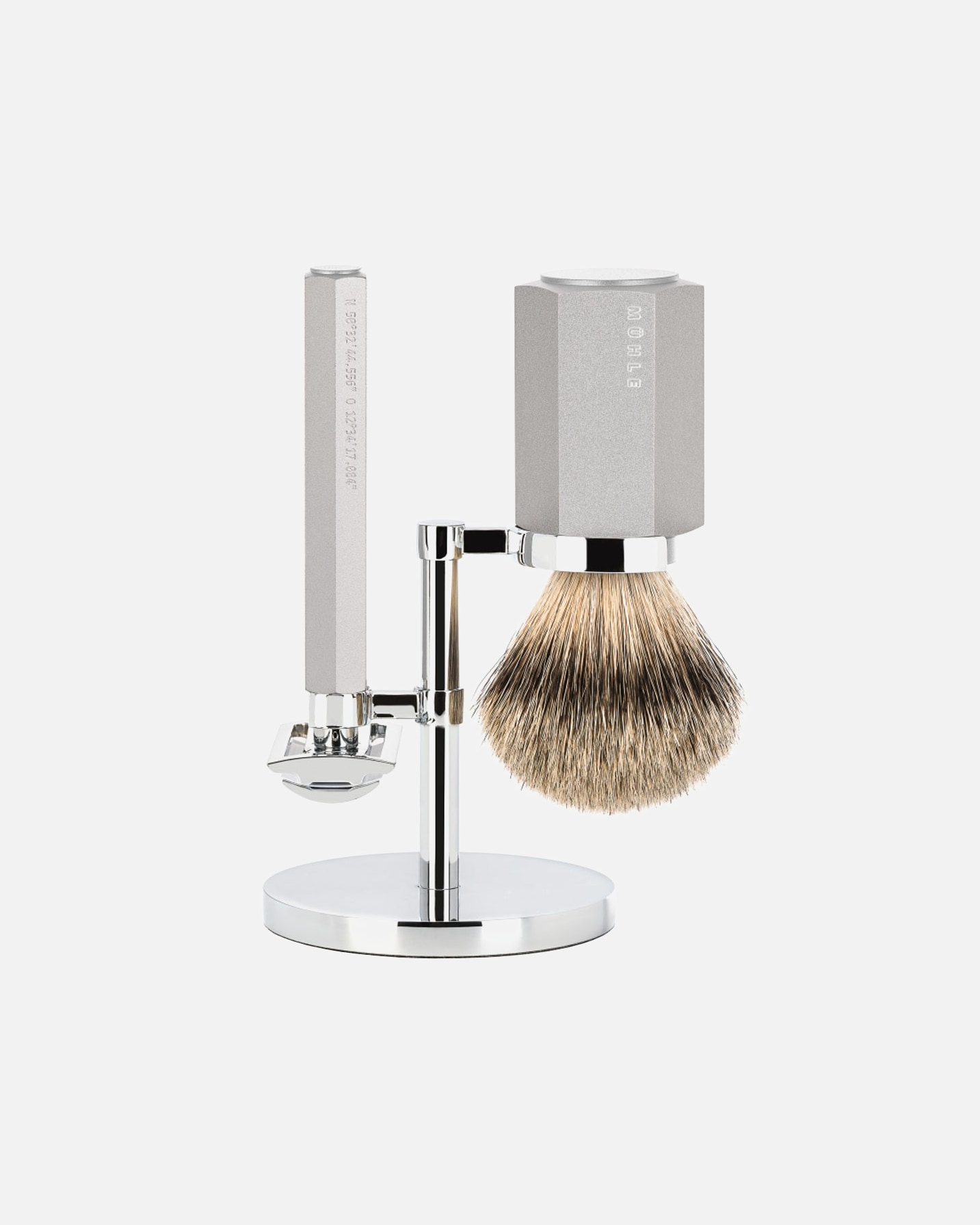 Rasierer für Männlich Mühle HEXAGON 3-tlg. Rasierset, Silberspitz Dachszupf, Aluminium silber HEXAGON 3-tlg. Rasierset, Silberspitz Dachszupf, Aluminium silber