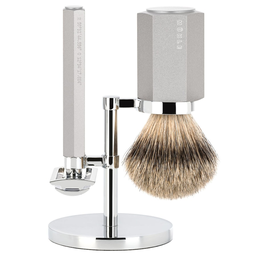 Mühle HEXAGON 3-tlg. Rasierset, Silberspitz Dachszupf, Aluminium silber Herren