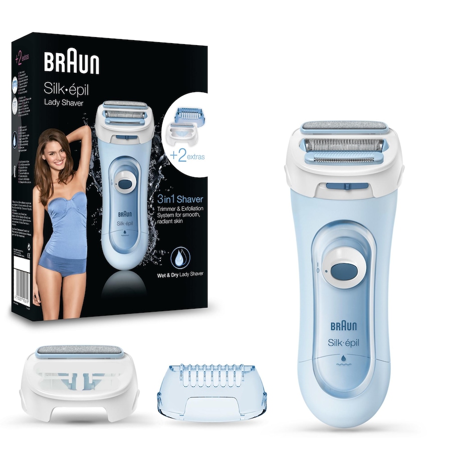 Braun 3-in-1 Damenrasierer Wet & Dry mit Trimmer- und Peeling-Aufsatz, blau