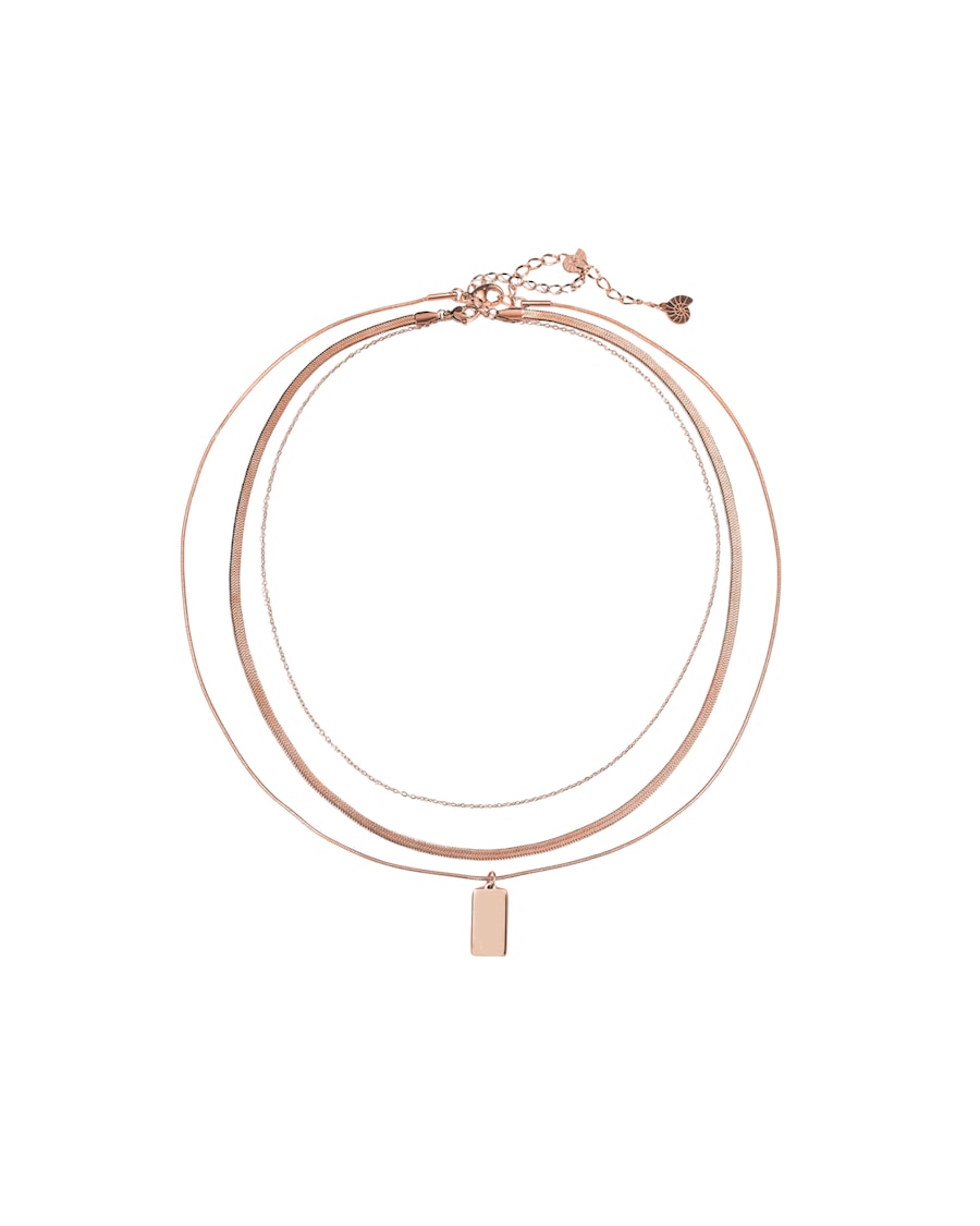 Hey Happiness Ketten-Set 3-reihig Schlagenkette & Rechteck Anhänger - Edelstahl Rosegold Damen