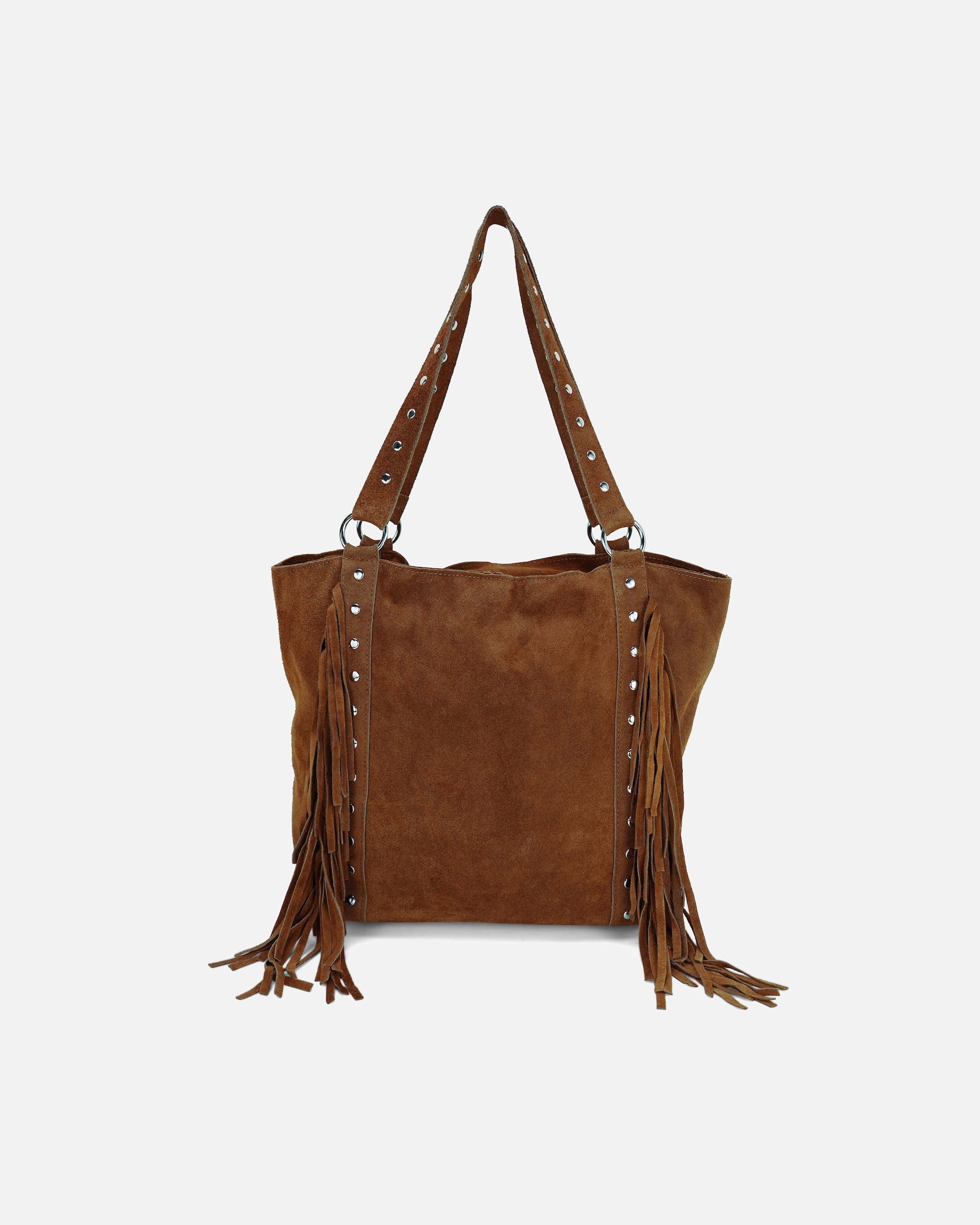 Tasche für Unisex HARPA Schultertasche aus echtem Leder mit Nieten und Fransen braun