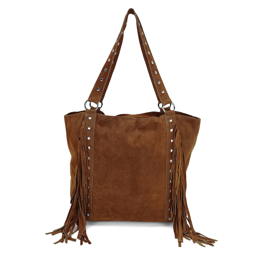 HARPA Schultertasche aus echtem Leder mit Nieten und Fransen braun