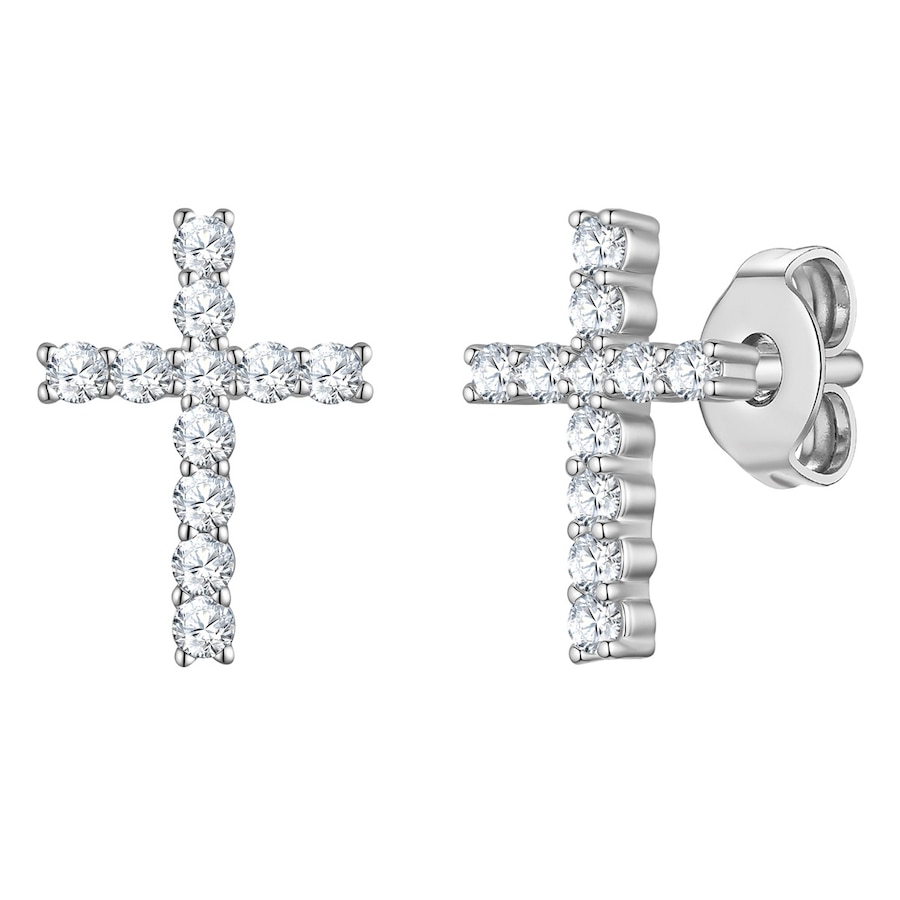 Lulu & Jane Ohrstecker Kreuz aus Messing in silber mit Zirkonia 11,9 mm Damen