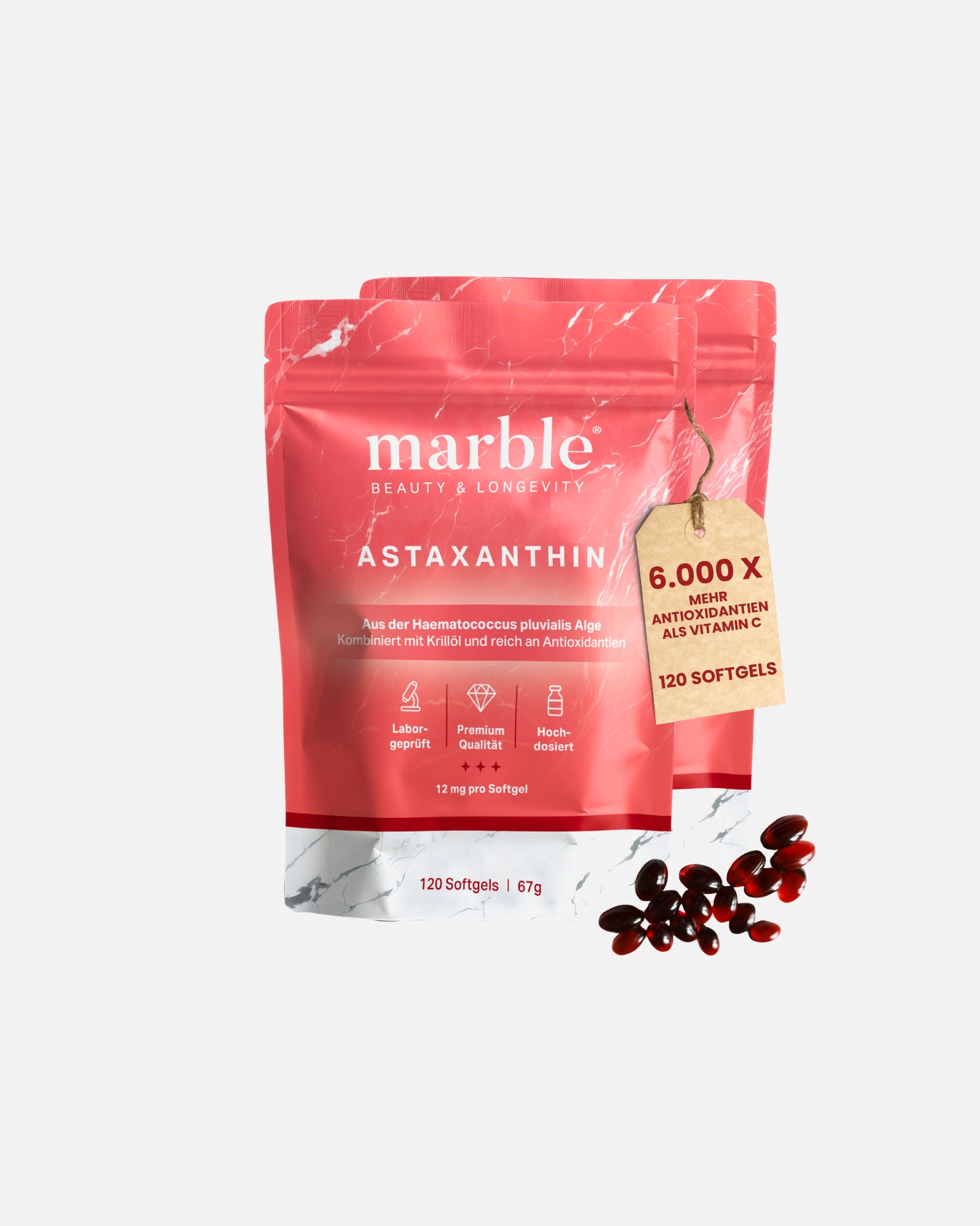 Nahrungsergänzung Haut für Unisex marble Astaxanthin – natürliches Carotinoid aus der Mikroalge Haematococcus pluvialis Astaxanthin 12 mg + Krillöl – hochdosiert - 2er Pack