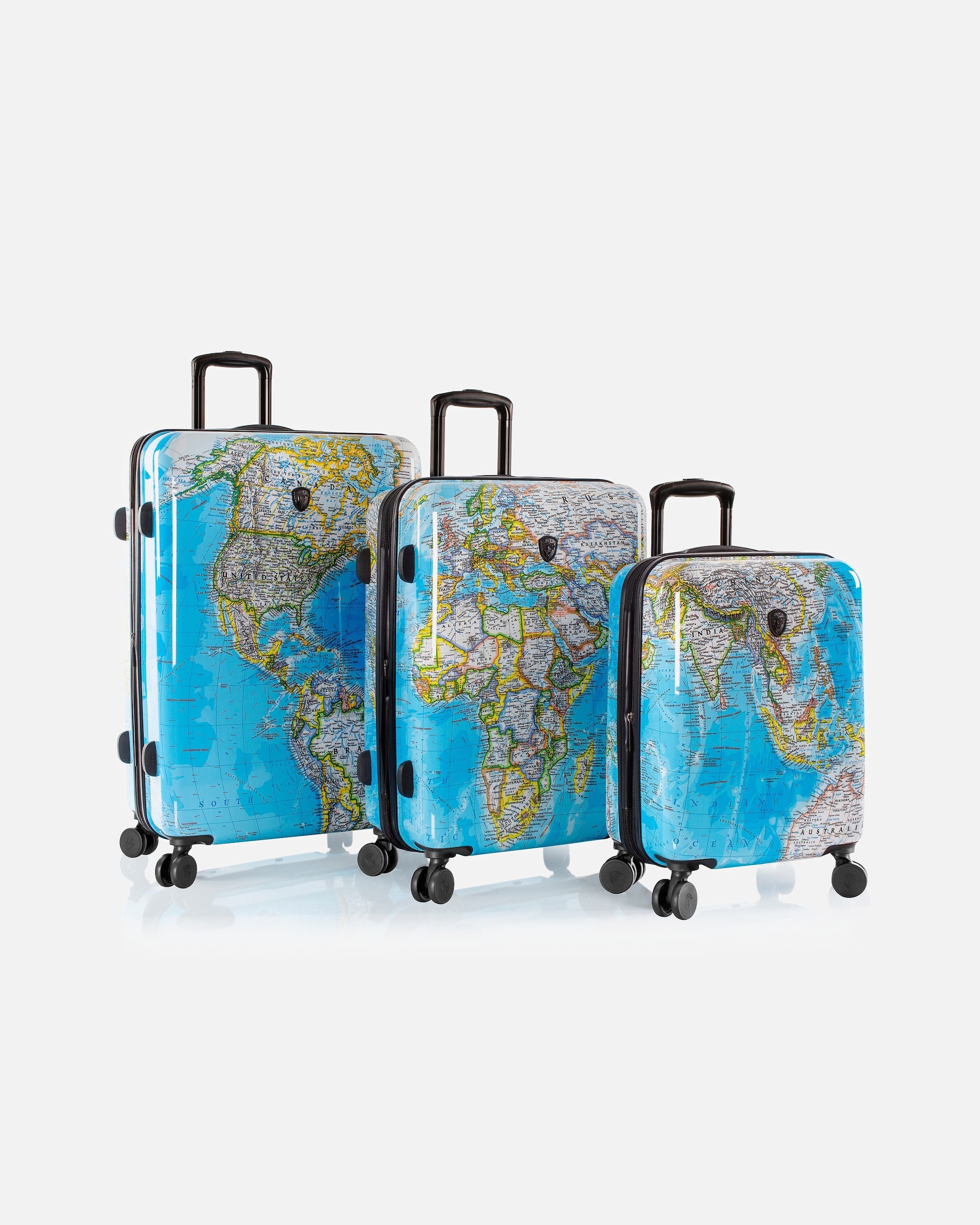 Koffer für Männlich Heys Black Camo 4 Rollen Kofferset 3-teilig mit Dehnfalte world map