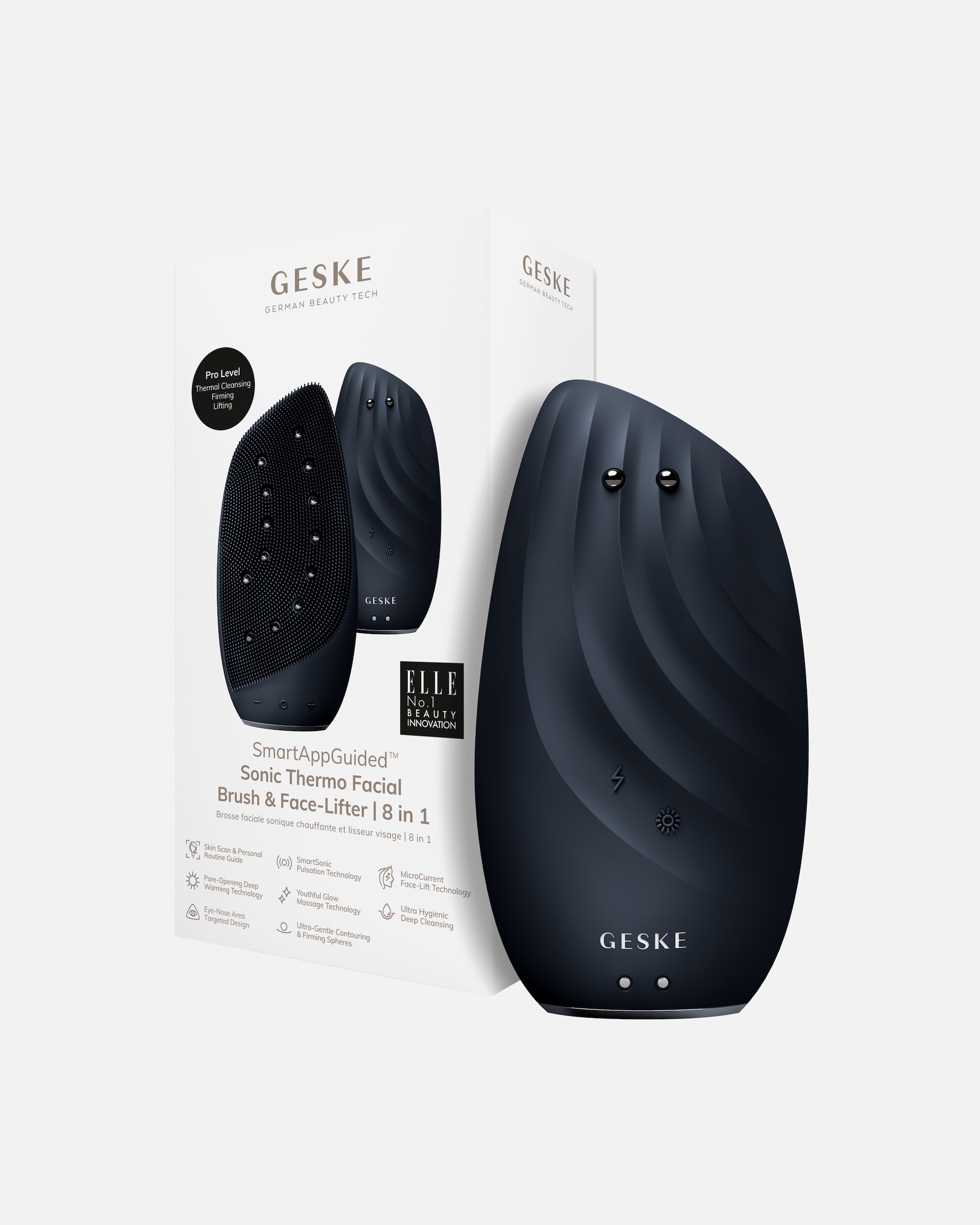 Elektrisches Gesichtsmassagegerät für Unisex Geske SmartAppGuided™ Sonic Thermo Facial Brush & Face-Lifter | 8 in 1 Black