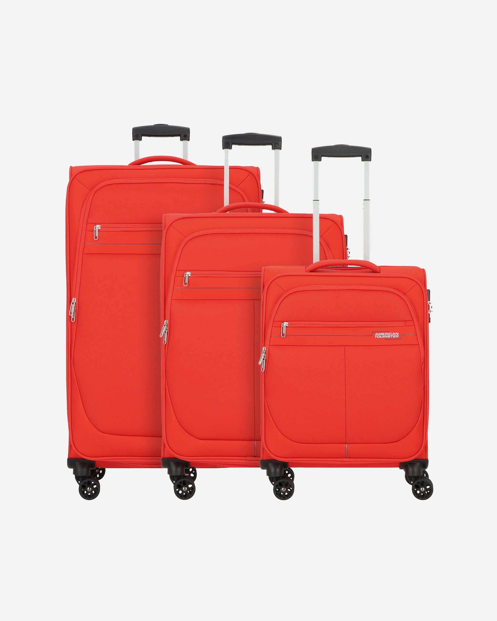 Koffer für Männlich American Tourister Deep Dive 4 Rollen Kofferset 3-teilig mit Dehnfalte red-grey
