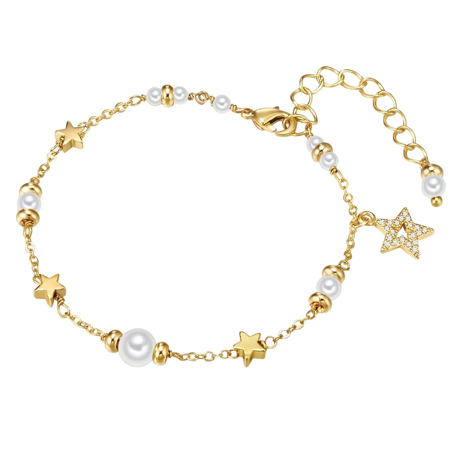 Lulu & Jane Perlen-Armband Stern Metall-Legierung Muschelkernperle in Gelbgold 17,0 cm Basislänge + 5,0 Verlängerung Damen