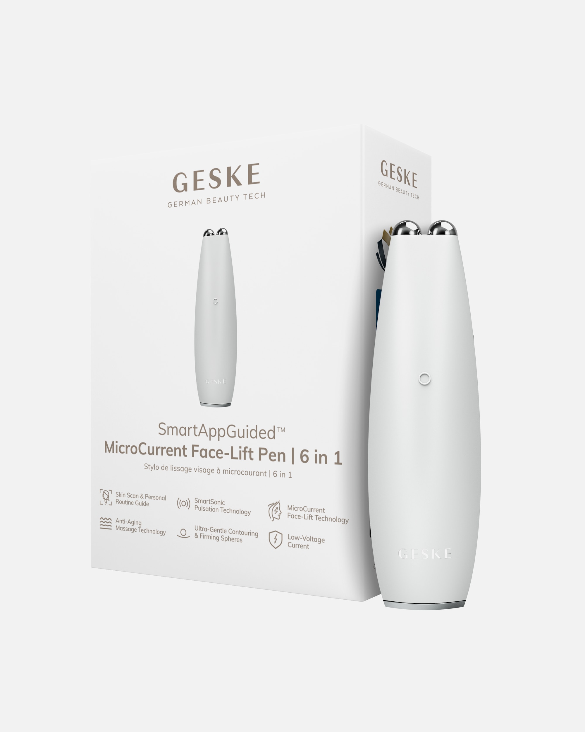 Elektrisches Gesichtsmassagegerät für Unisex GESKE SmartAppGuided™ MicroCurrent Face-Lift Pen | 6 in 1 White