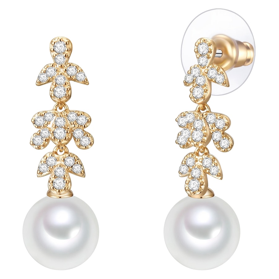 Lulu & Jane Perlen-Ohrhänger Messing Zirkonia Muschelkernperle in Gelbgold 31,1 mm Damen