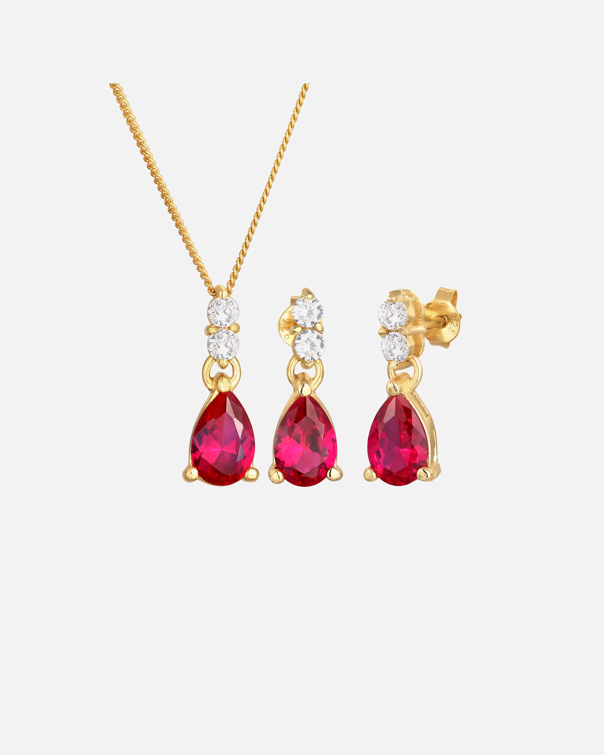 Schmuckset für Weiblich Elli PREMIUM Kette Ohrhänger Syn. Rubin Zirkonia 925 Silber vergoldet golfarben