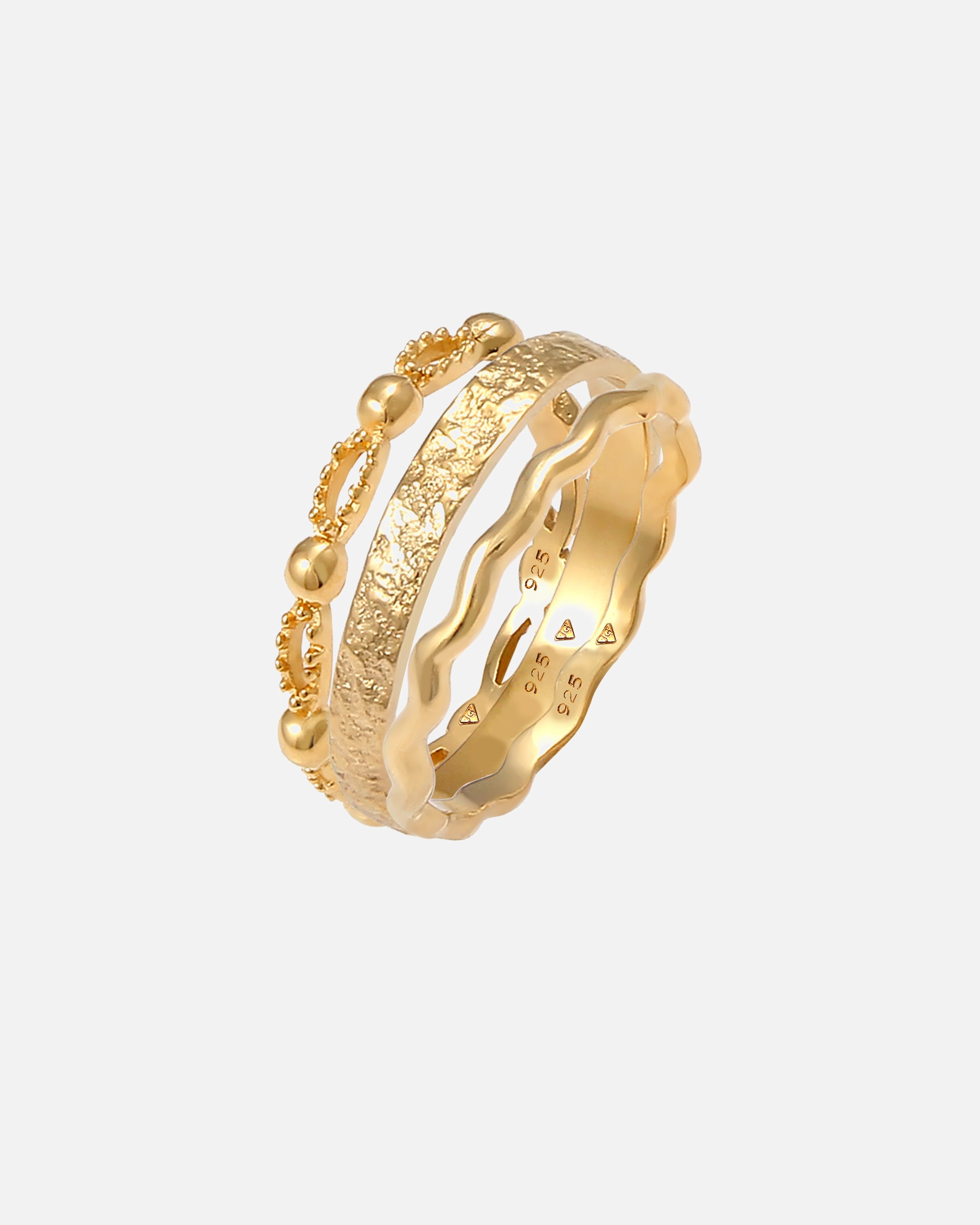 Ring für Weiblich Elli 3er Set Wellen Kugel Bandring Gehämmert 925 Silber 58