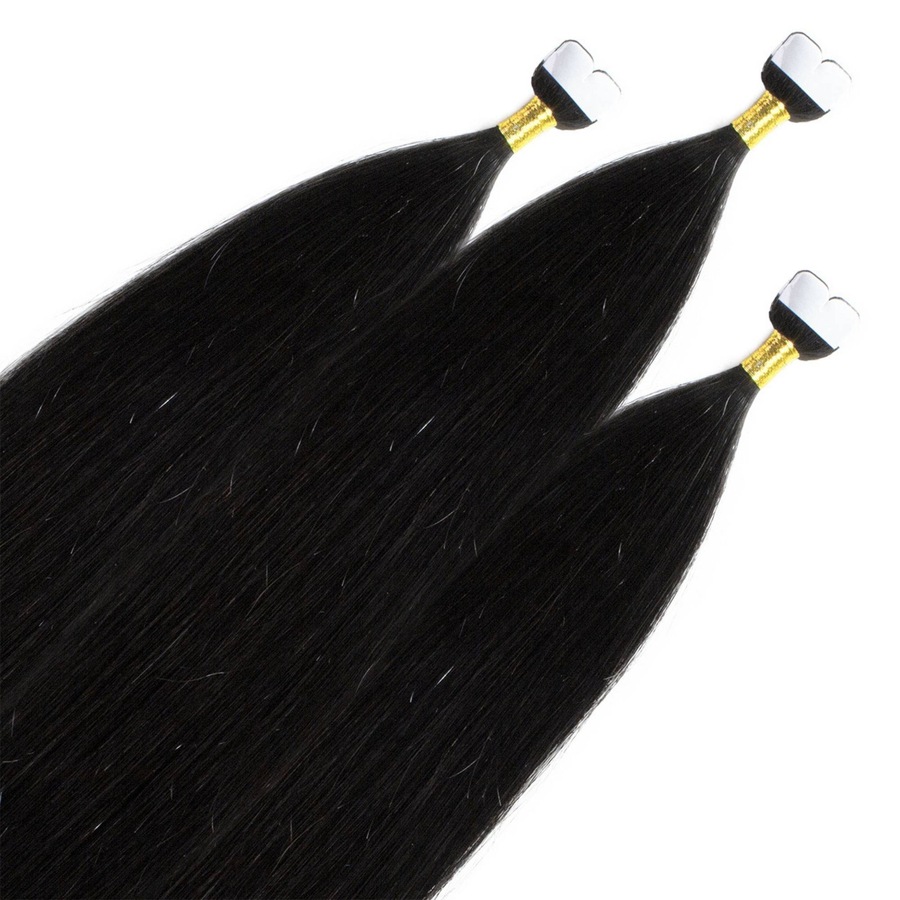 hair2heart Mini Tape Extensions Premium Echthaar #4/0 Mittelbraun 60cm Schwarz Damen