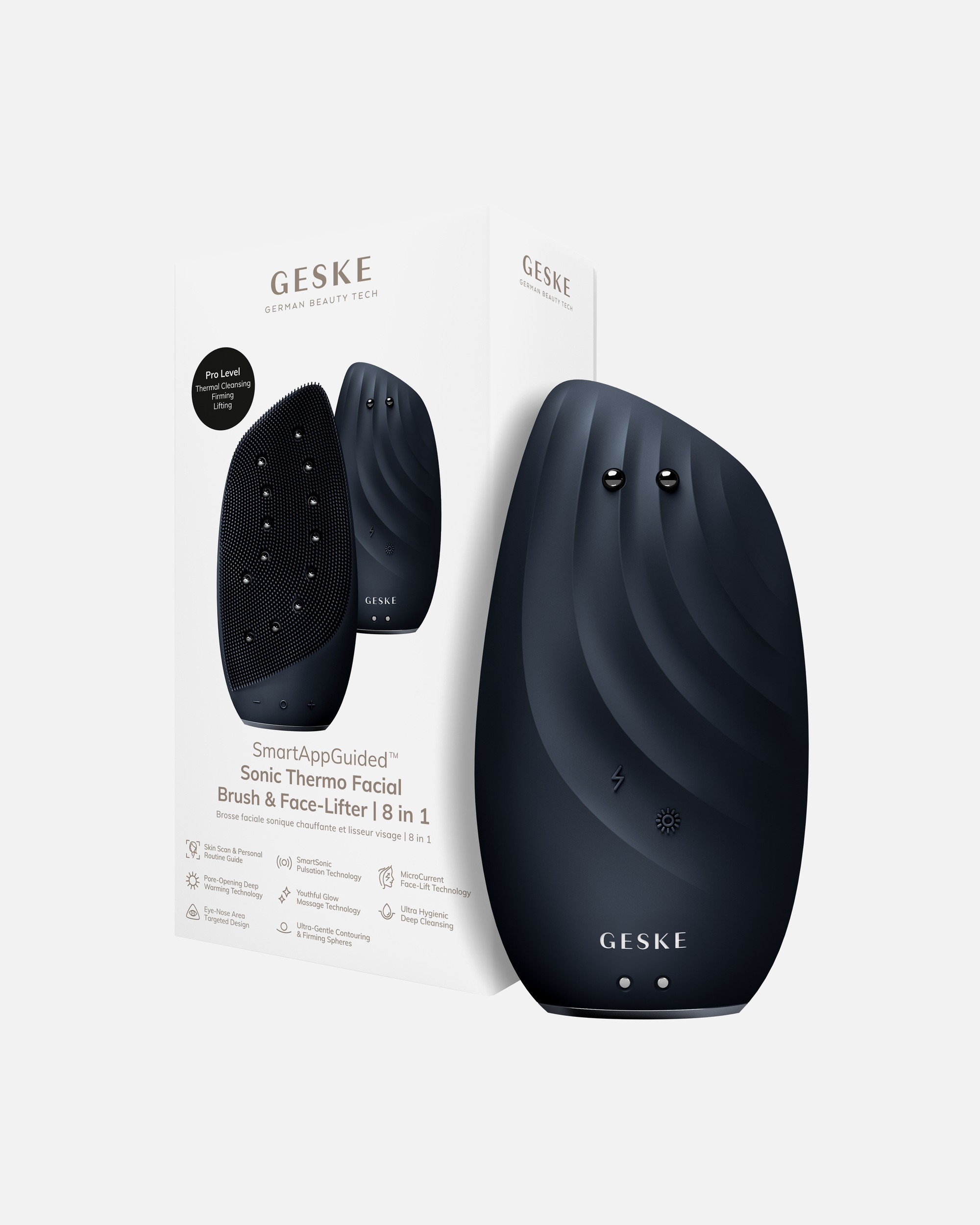 Elektrisches Gesichtsmassagegerät für Unisex GESKE SmartAppGuided™ Sonic Thermo Facial Brush & Face-Lifter | 8 in 1 Black