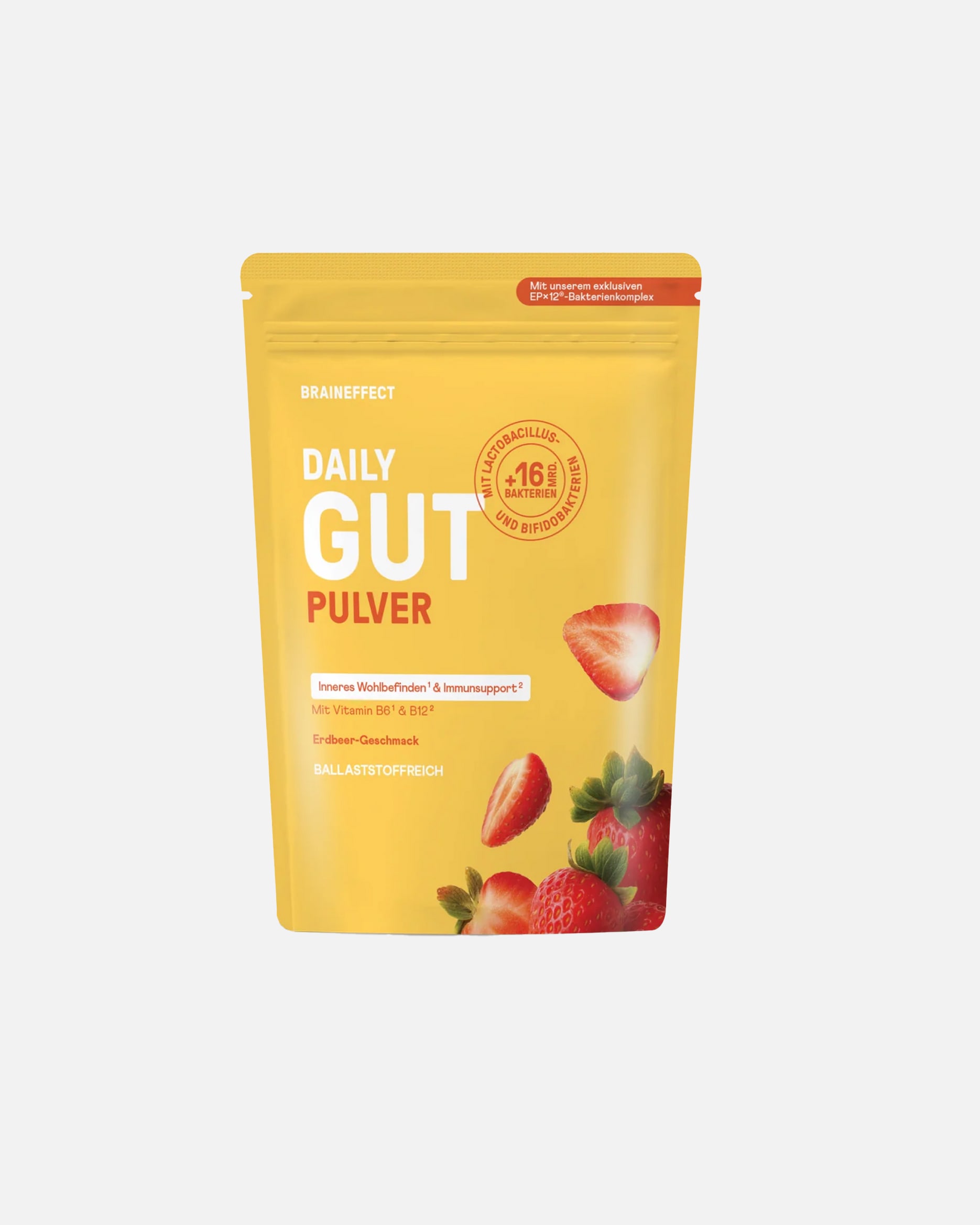 Nahrungsergänzung Darm für Unisex BRAINEFFECT DAILY GUT PULVER – Bakterienkulturen-Komplex mit Ballaststoffen & Vitaminen Erdbeer