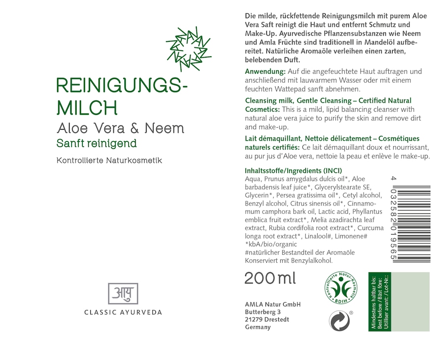 Classic Ayurveda Reinigungsmilch, BDIH 200 ml