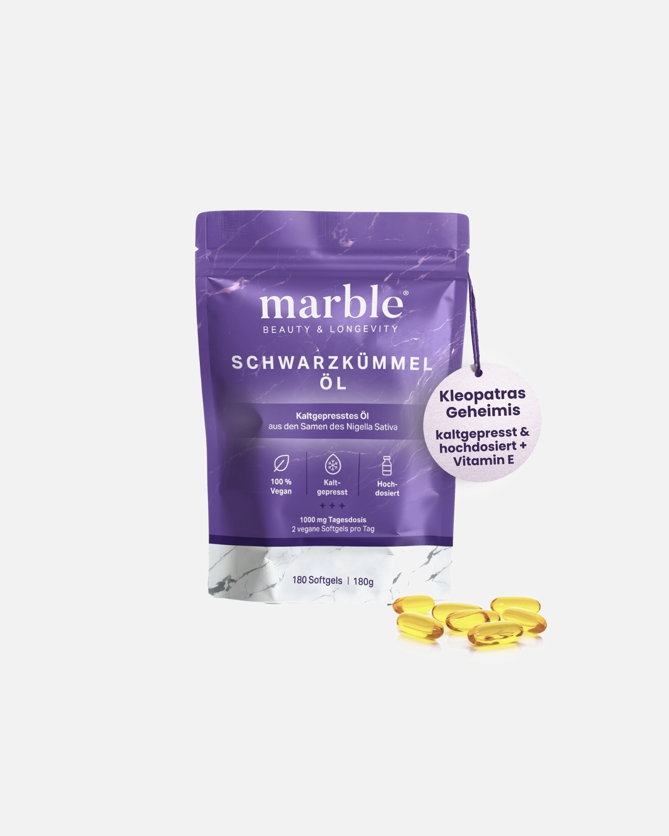 Anti-Aging-Nahrungsergänzung für Unisex marble Schwarzkümmelöl – 100 % kaltgepresst & hochdosiert in veganen Softgels marble Schwarzkümmelöl – 100 % kaltgepresst & hochdosiert in veganen Softgels