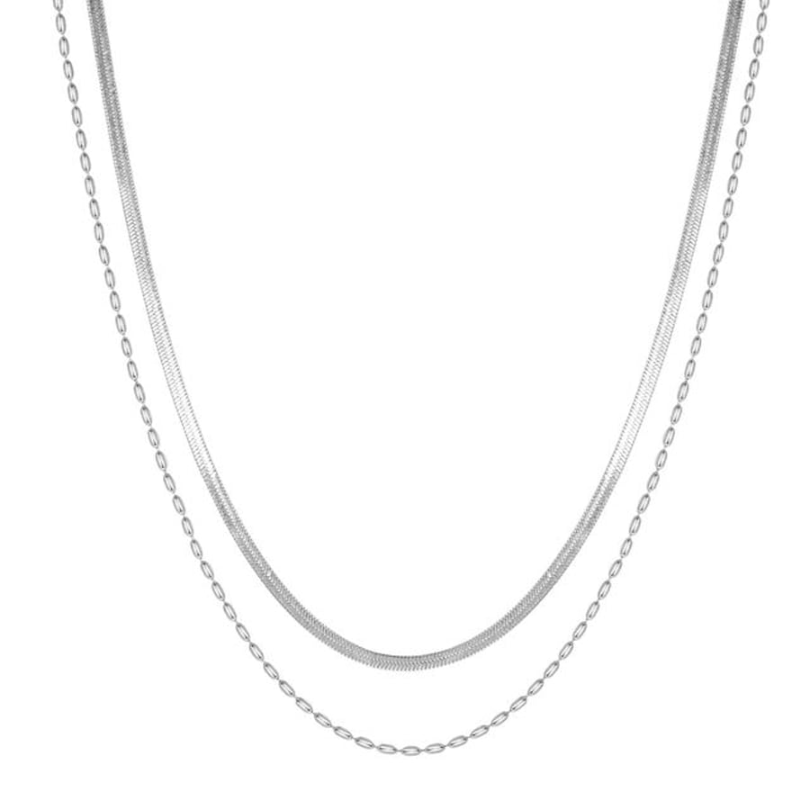 Hey Happiness Doppellagige Halskette mit Oval und Schlangenkette aus Edelstahl Silber Damen