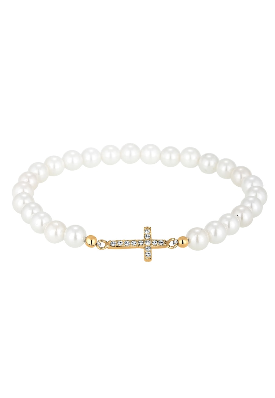 Elli Kreuz Muschelkernperlen Weiß Kristalle 925 Sterling Silber vergoldet goldfarben Damen
