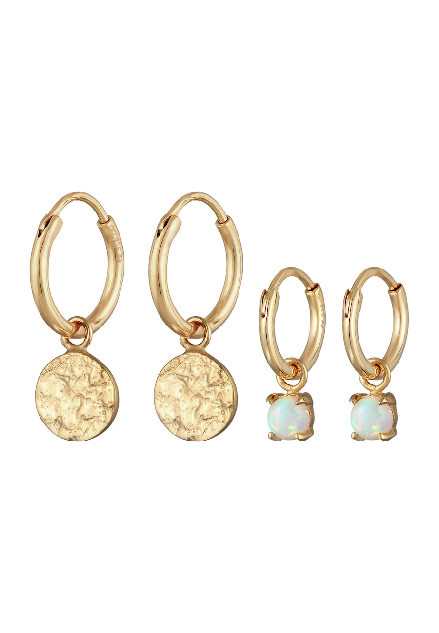 Elli Creolen Plättchen Opal Edelstein 2er Set 925 Silber goldfarben Damen