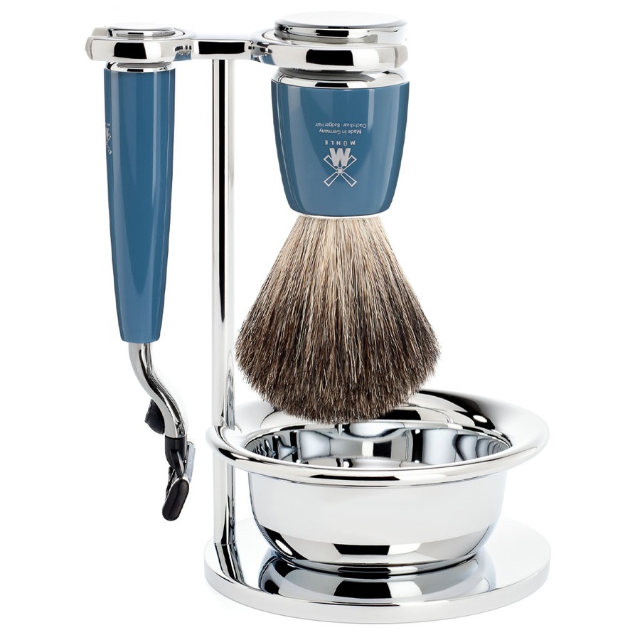 Mühle RYTMO 4-teiliges Rasierset, Black Fibre, mit Gillette Mach3 Griffmaterial Edelharz petrol Herren