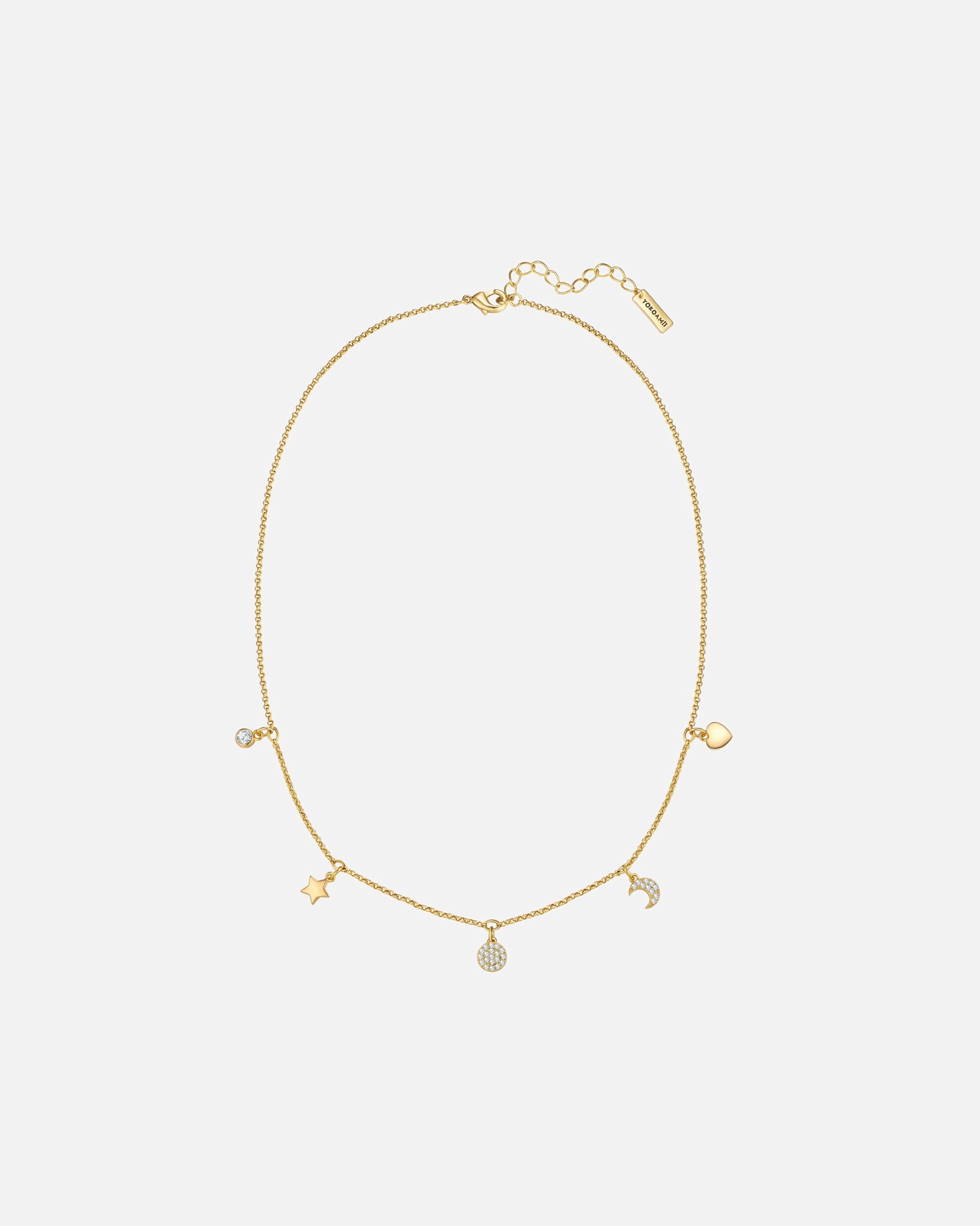 Halskette für Weiblich Yokoamii Halskette Stern/Kreis/Mond/Herz aus Messing in gelbgold mit Zirkonia 38,0 cm Basiskette + 8,0 cm Verlängerung