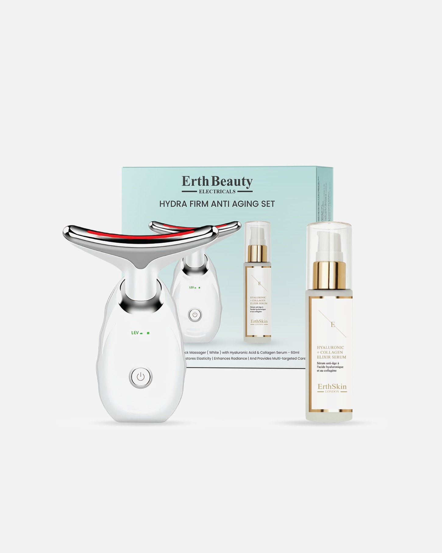Elektrisches Gesichtsmassagegerät für Weiblich ErthSkin London Hydra Firm Anti-Aging Set (Gesichts- & Halsmassagegerät – Weiß mit HA-Serum) 1 Stück Stück
