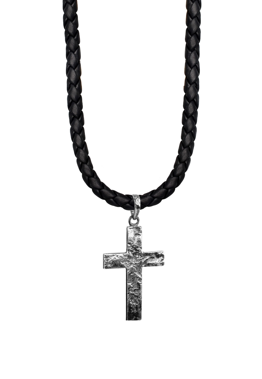 KUZZOI Herren Kreuz Oxidiert Leder in 925 Sterling Silber 55