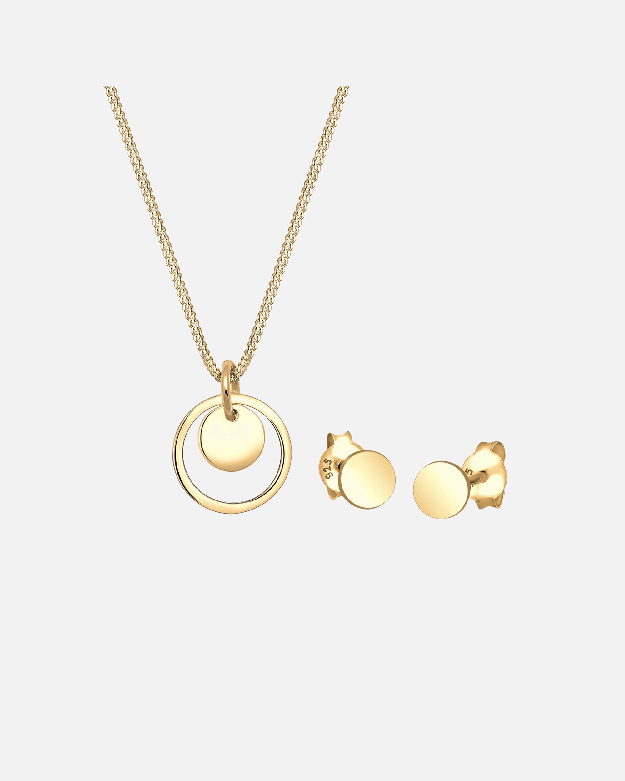 Schmuck für Weiblich Elli Rund Plättchen Kette Ohrstecker 925 Silber golfarben