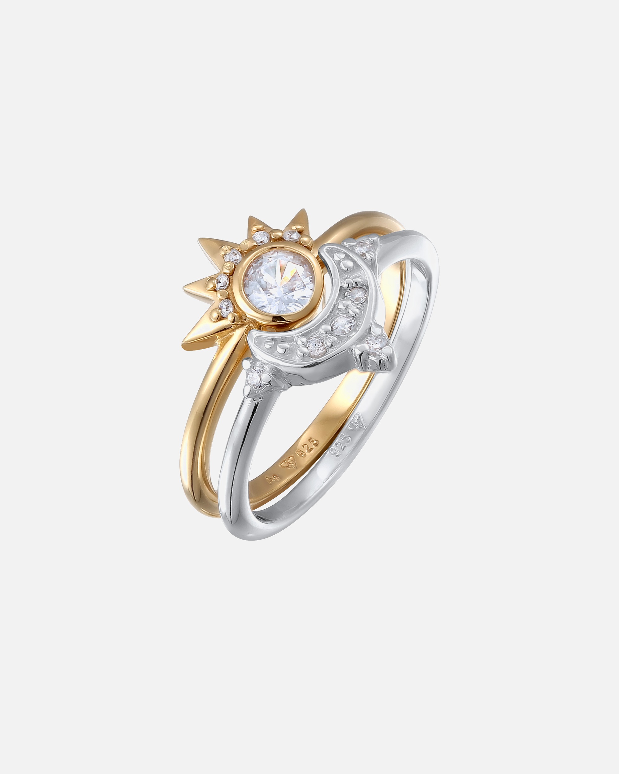 Ring für Weiblich Elli Set Mond Sonne Zirkonia 925 Sterling Silber vergoldet 54