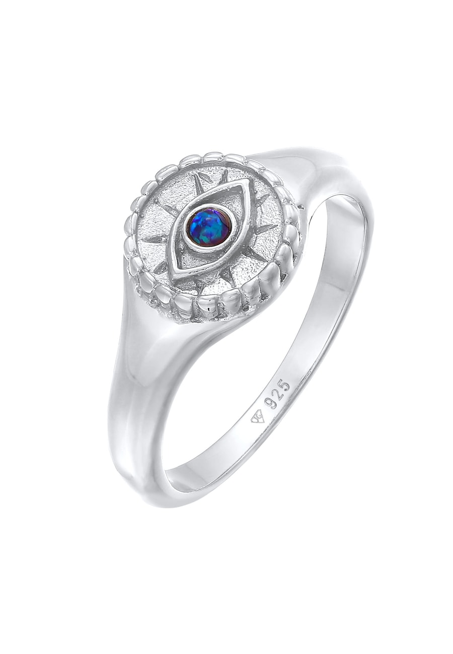 Elli Ring Siegelring Evil Eye Blue synth. Opal 925 Silber 52 Damen