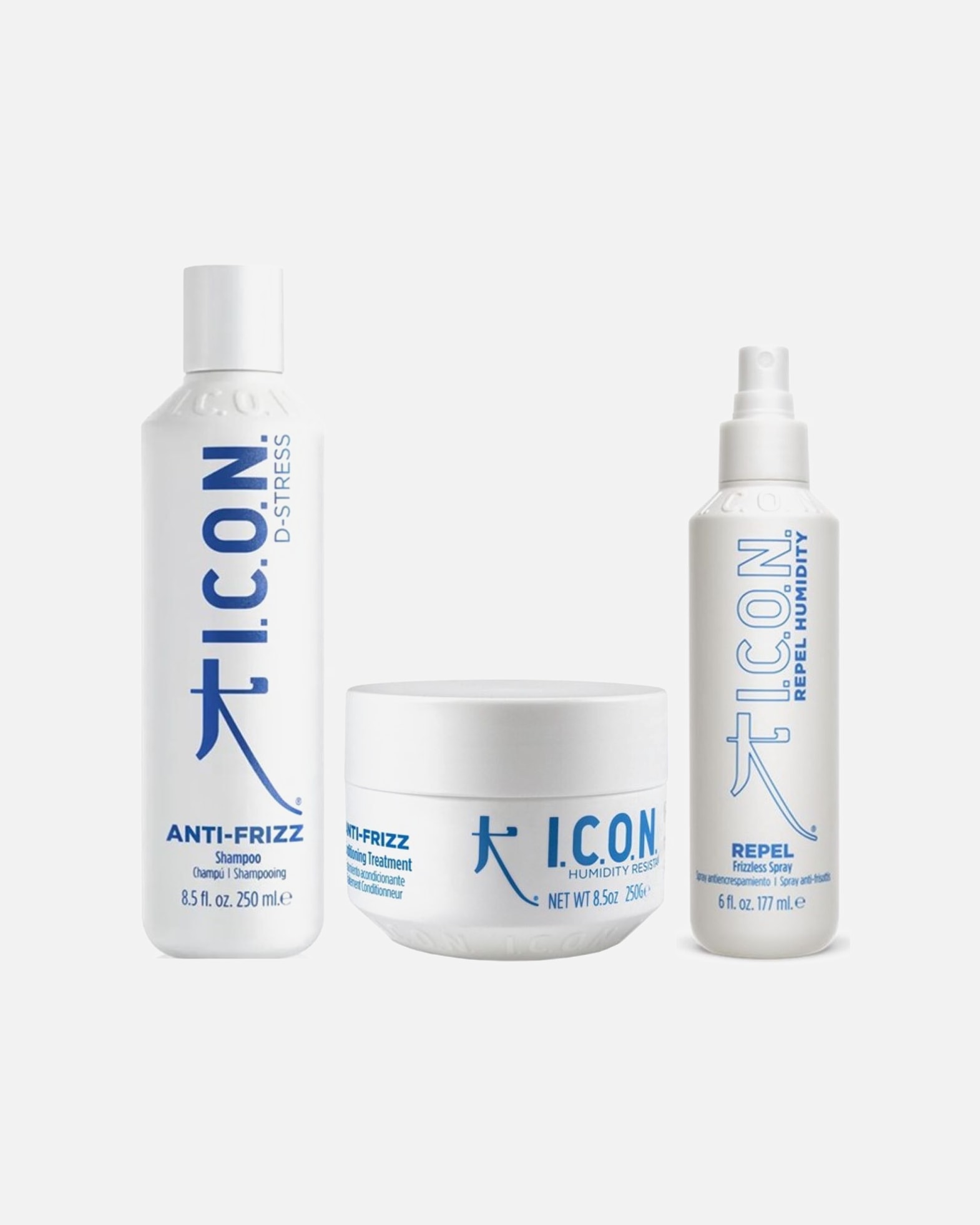 Haarpflegeset für Weiblich ICON ANTI-FRIZZ Shampoo + ANTI-FRIZZ Treatment + REPEL Set 1 Stück