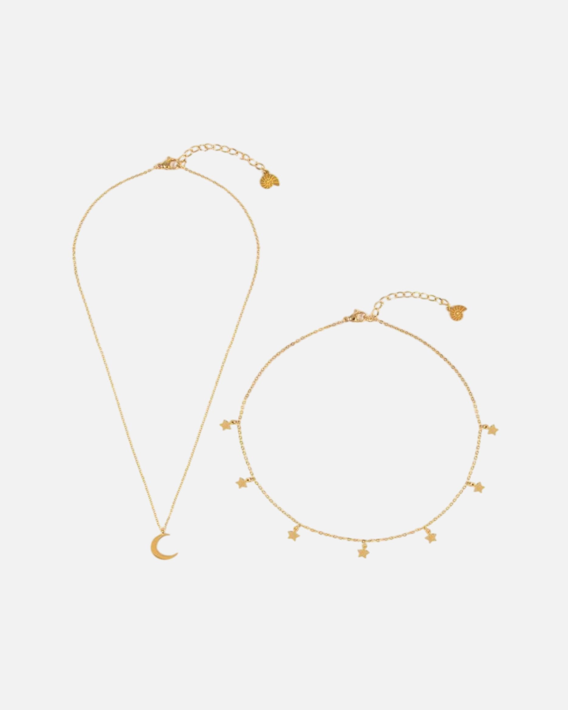 Halskette für Weiblich Hey Happiness Default Brand Line Halsketten-Set mit Stern- und Mondanhänger Gold