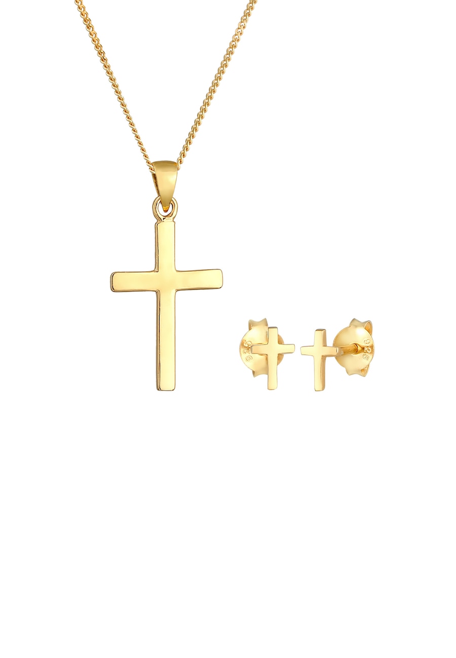 Elli Kreuz Kette Ohrstecker 925 Silber golfarben Damen