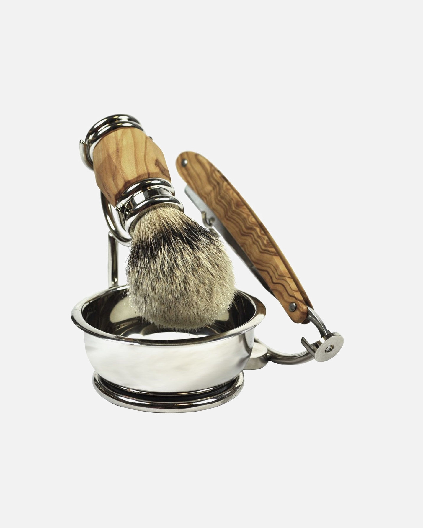 Rasierset für Männlich Golddachs 4-teiliges Rasiermesserset Olivenholz mit Seifenschale