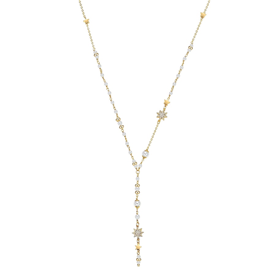 Lulu & Jane Perlen-Kette Stern Metall-Legierung Zirkonia Muschelkernperle in Gelbgold 45,0 cm Basiskette + 5,0 Verlängerung Damen