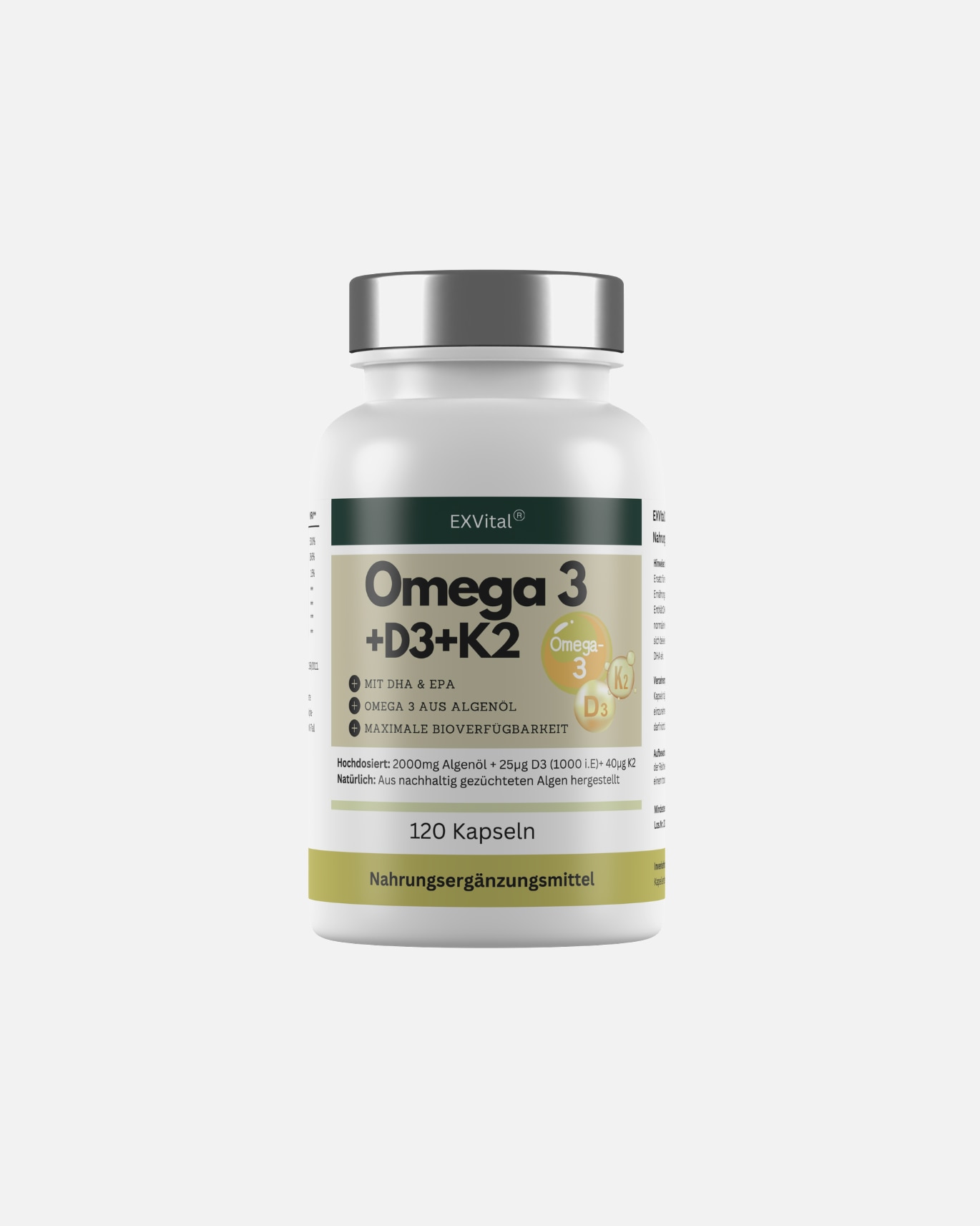 Nahrungsergänzungsmittel für Unisex EXVital Default Brand Line EXVital® Omega 3 Algenöl Kapseln + Vitamin D3 & K2 183 g