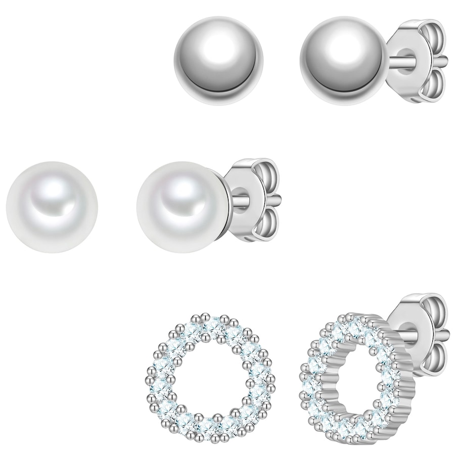 Yokoamii Ohrstecker aus Messing in silber mit Zirkonia Perle (synth.) 4,9/5,1/6,7 mm Damen