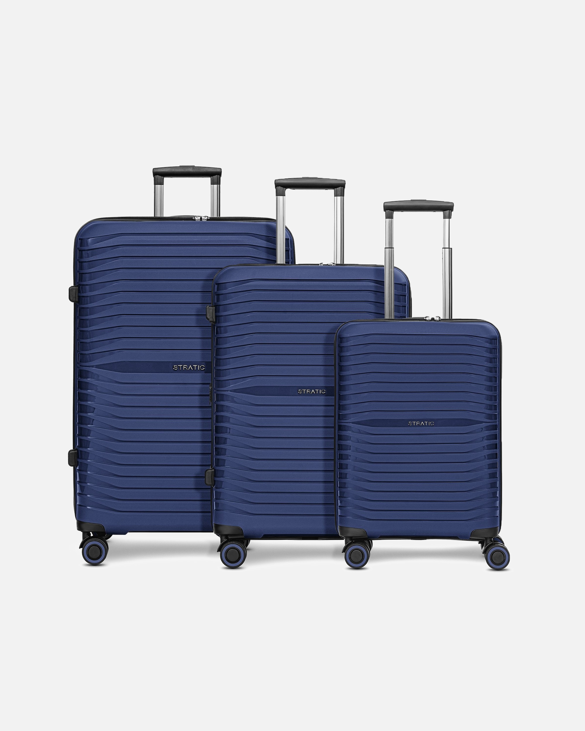 Koffer für Männlich Stratic Shine 4 Rollen Kofferset 3-teilig mit Dehnfalte navy blue