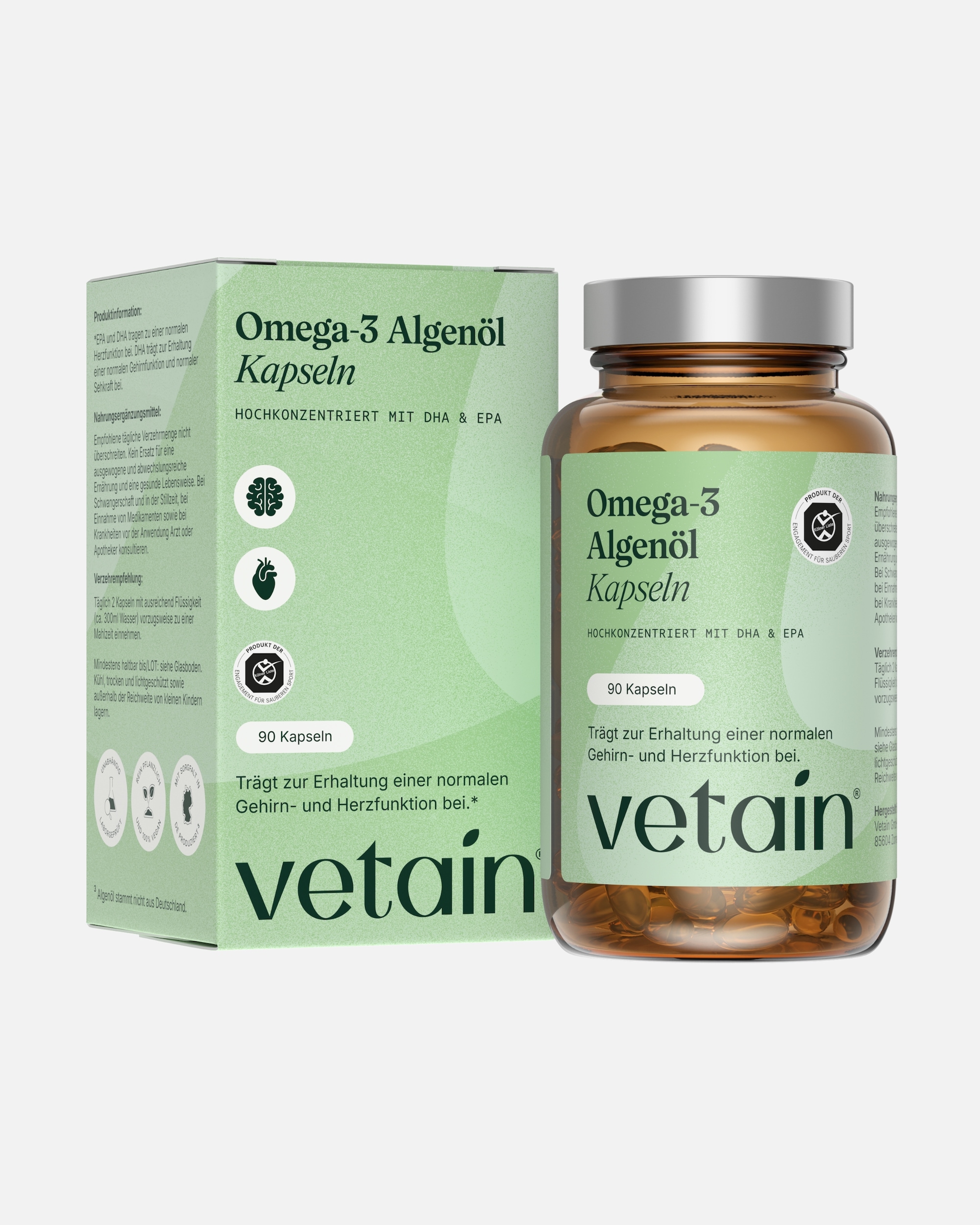 Nahrungsergänzungsmittel für Unisex Vetain Default Brand Line Omega 3 Vegan Algenöl Kapseln - Hochdosiert DHA & EPA - Triglycerid Form 90 Kapseln