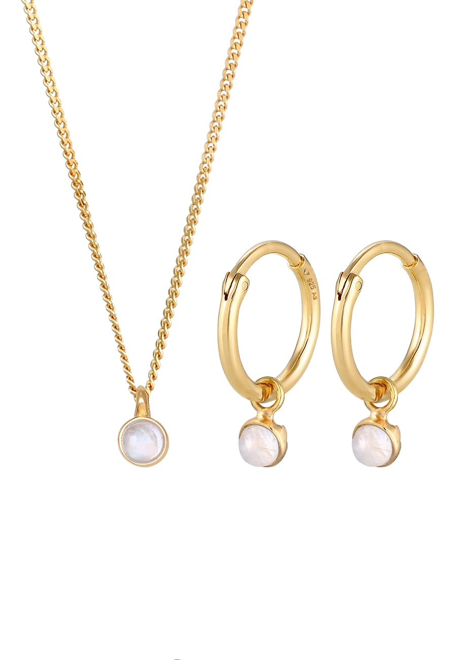 Elli PREMIUM Kette Creolen Mondstein Stein 925 Silber vergoldet golfarben Damen