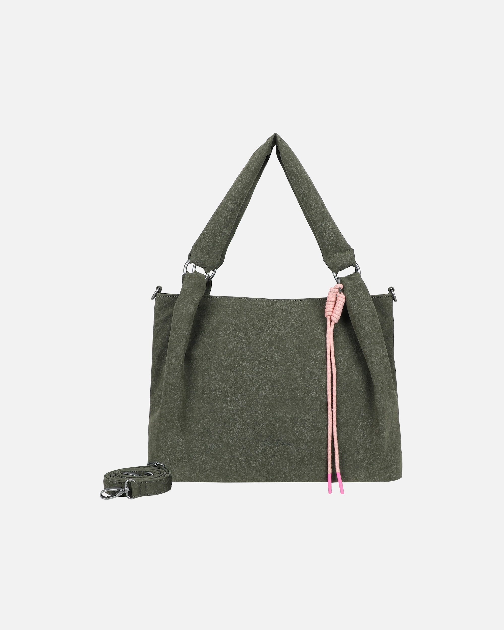 Clutch für Weiblich Fritzi aus Preußen Shopper Sue03 Suede Jacky Soft Dark Anthra mit abnehmbarer Makramee-Schnur grün